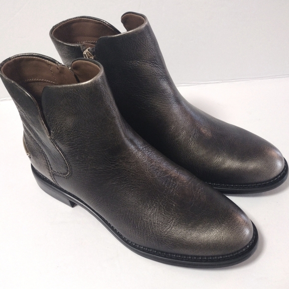 Franco Sarto Women's Happily Ankle Gold Leather Almond Toe Stacked Heel Booties - Picture 12 of 12